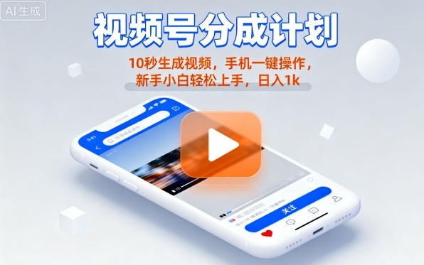 视频号分成计划懒人玩法，10秒生成视频，手机一键操作，新手小白轻松上手，日入1K【揭秘】网赚项目-副业赚钱-互联网创业-资源整合情久网创