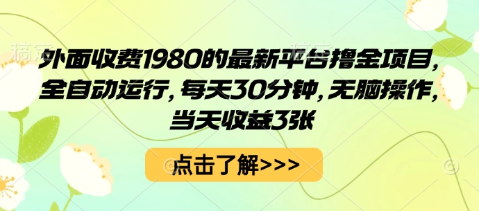 外面收费1980的最新平台撸金项目，全自动运行，每天30分钟，无脑操作，当天收益3张【揭秘】网赚项目-副业赚钱-互联网创业-资源整合情久网创