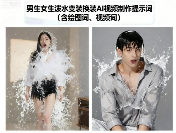 男生女生泼水变装换装AI视频制作提示词(含绘图词、视频词)网赚项目-副业赚钱-互联网创业-资源整合情久网创