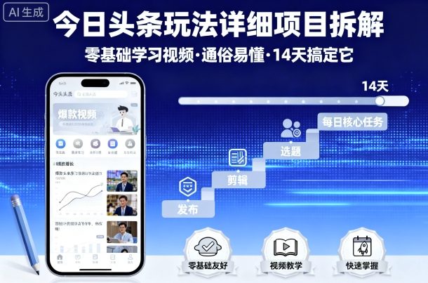 今日头条玩法详细项目拆解，零基础学习视频 通俗易懂 14天搞定它网赚项目-副业赚钱-互联网创业-资源整合情久网创