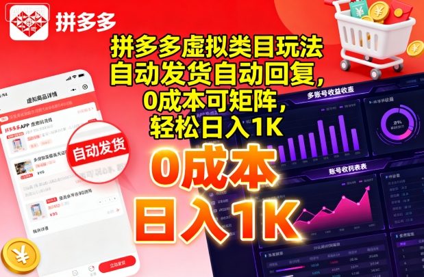 拼多多虚拟类目玩法，自动发货自动回复，0成本可矩阵，轻松日入1K【揭秘】网赚项目-副业赚钱-互联网创业-资源整合情久网创